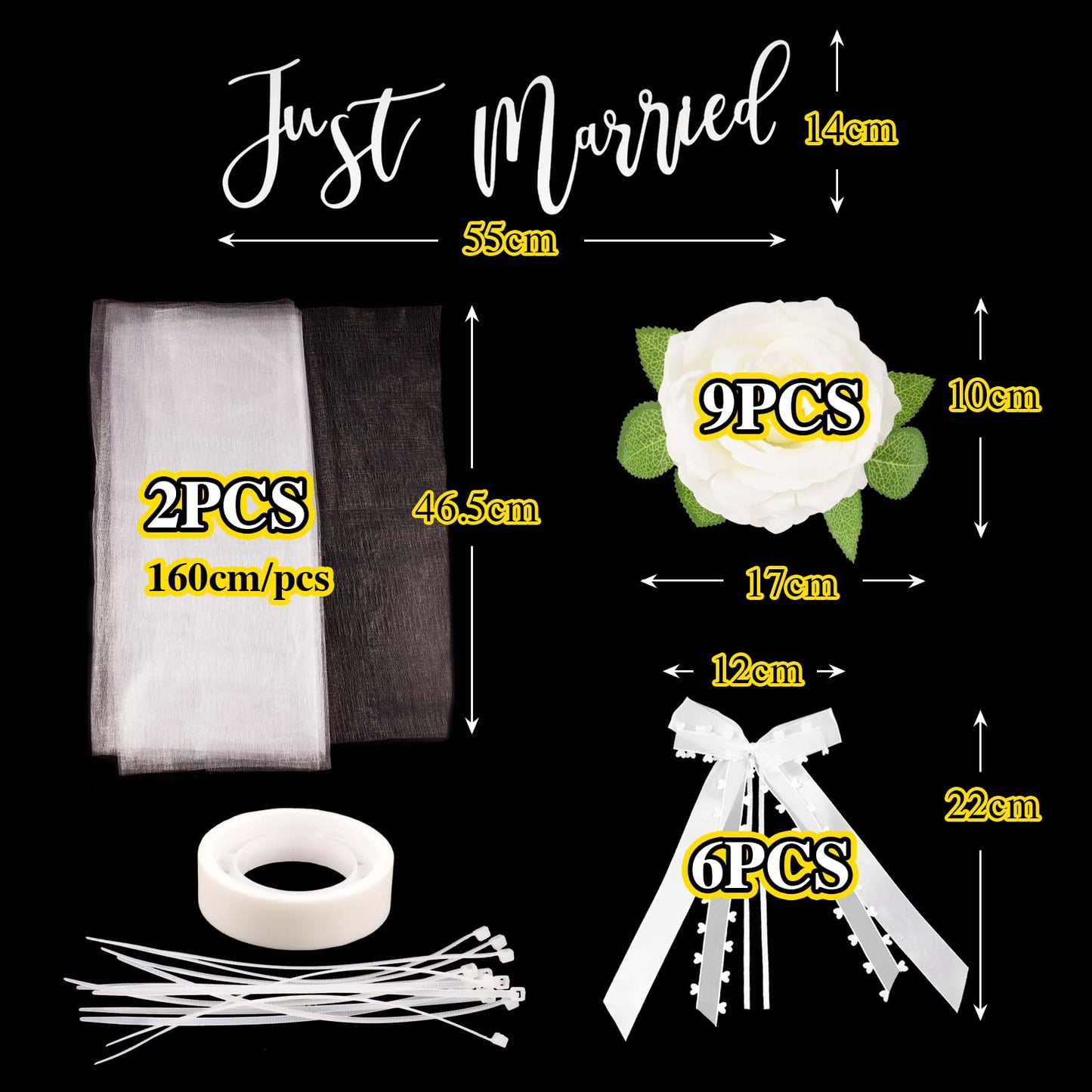 Just Married Car Decoration Set – Elegant Bows & Roses for Your Wedding Ride