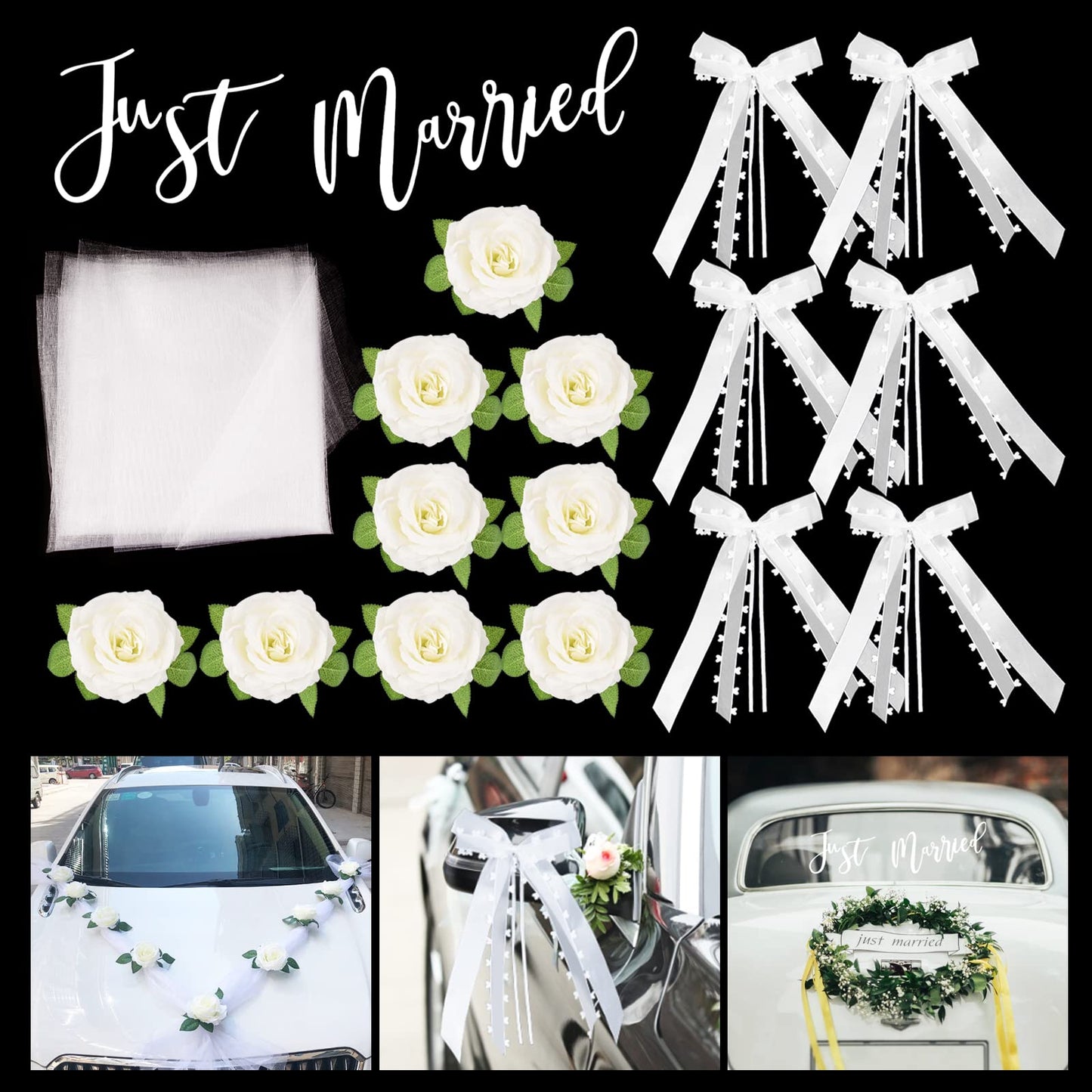 Just Married Car Decoration Set – Elegant Bows & Roses for Your Wedding Ride