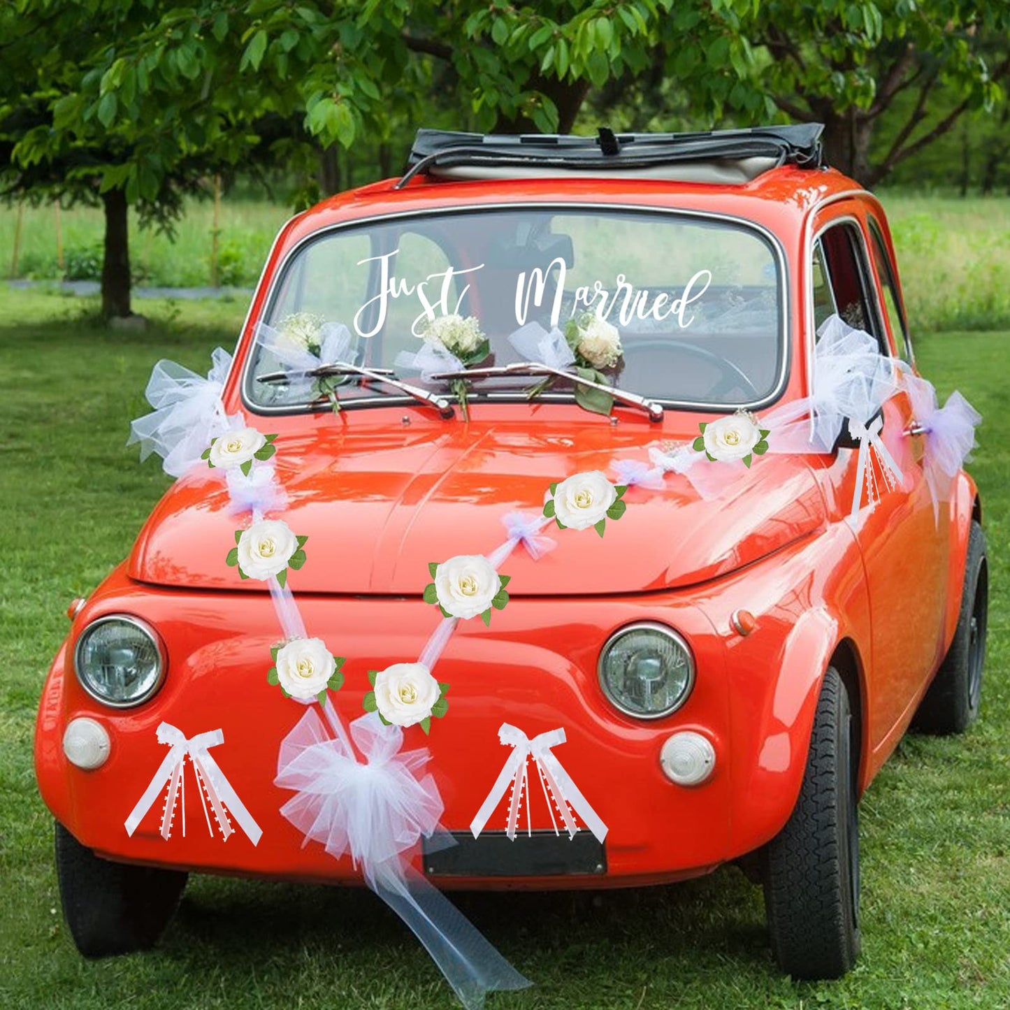 Just Married Car Decoration Set – Elegant Bows & Roses for Your Wedding Ride