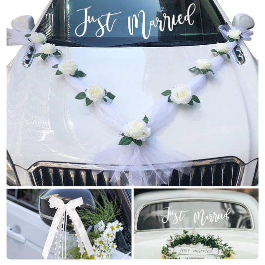 Just Married Car Decoration Set – Elegant Bows & Roses for Your Wedding Ride