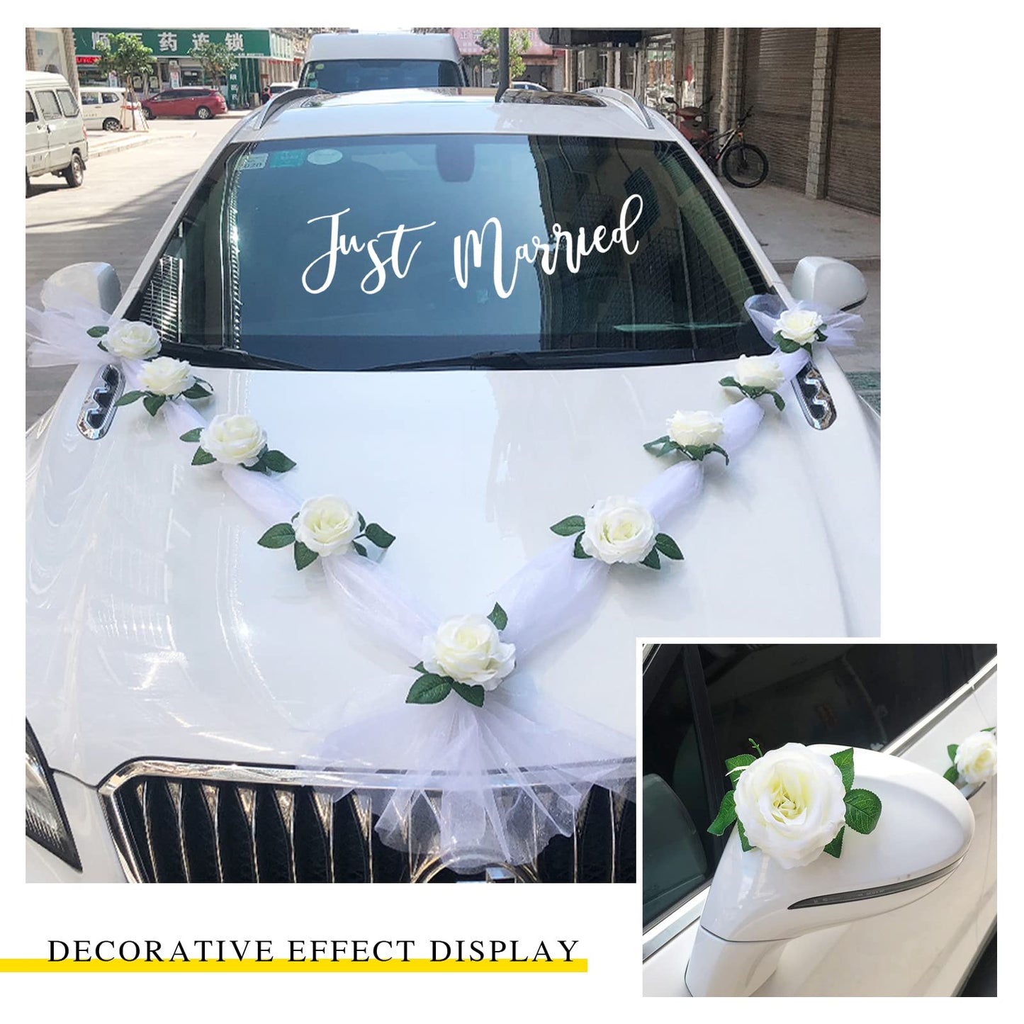 Just Married Car Decoration Set – Elegant Bows & Roses for Your Wedding Ride